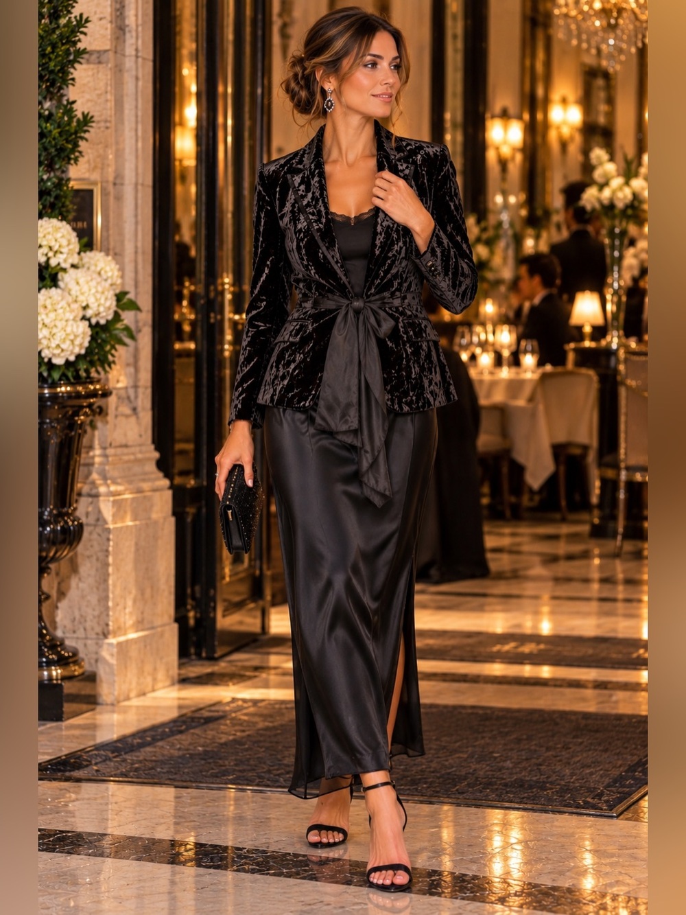 Black Velvet Tie-Waist Evening Blazer